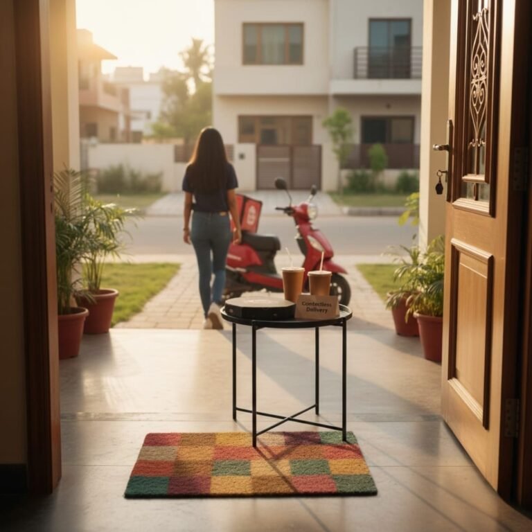 A professional illustration of a delivery executive wearing a blue shirt with the Tuber Buddy logo, placing a cardboard delivery box at the doorstep of an Indian home with a vibrant blue wall and traditional marigold decorations, demonstrating contactless food delivery.