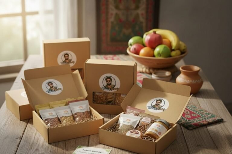 A vibrant and colorful outdoor market scene featuring open cardboard subscription boxes filled with healthy Indian snacks like cashews, dried mango, and seeds, all prominently displaying the Tuber Buddy logo.