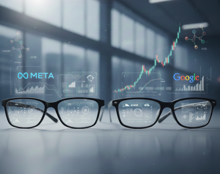 A high-tech, close-up illustration of futuristic smart glasses featuring sleek transparent frames and integrated sensors, presented as a professional blog banner for Tuber Buddy.