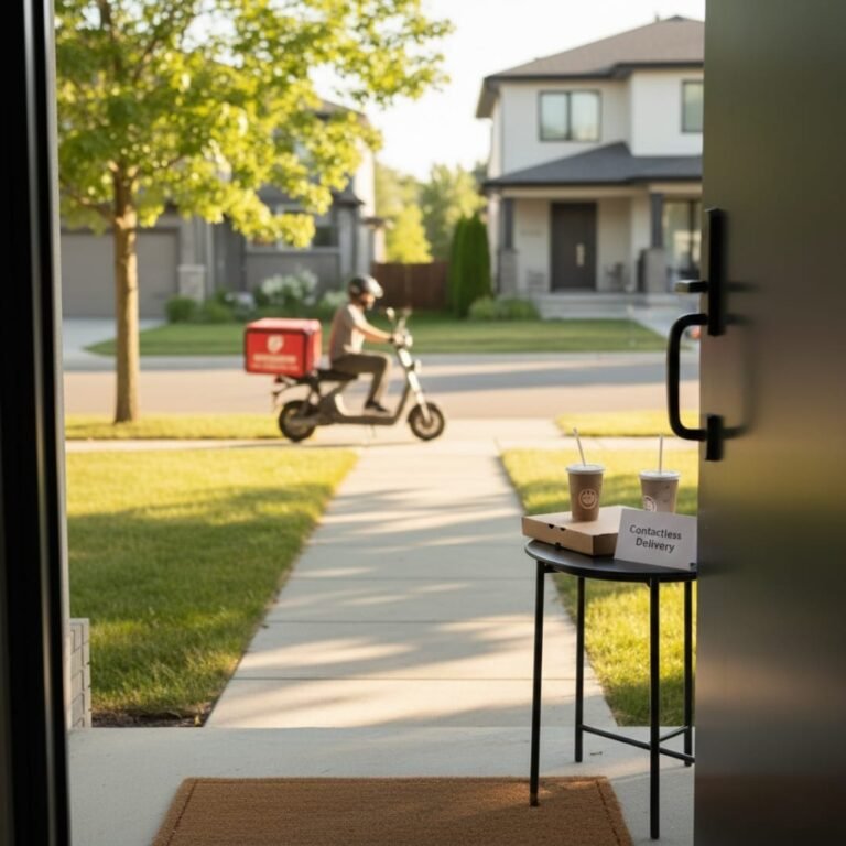 A professional illustration for Tuber Buddy showing a delivery person in a blue uniform placing a parcel at the doorstep of an Indian home with a vibrant blue wall, marigold flower decorations, and a colorful rangoli, demonstrating safe contactless food delivery.