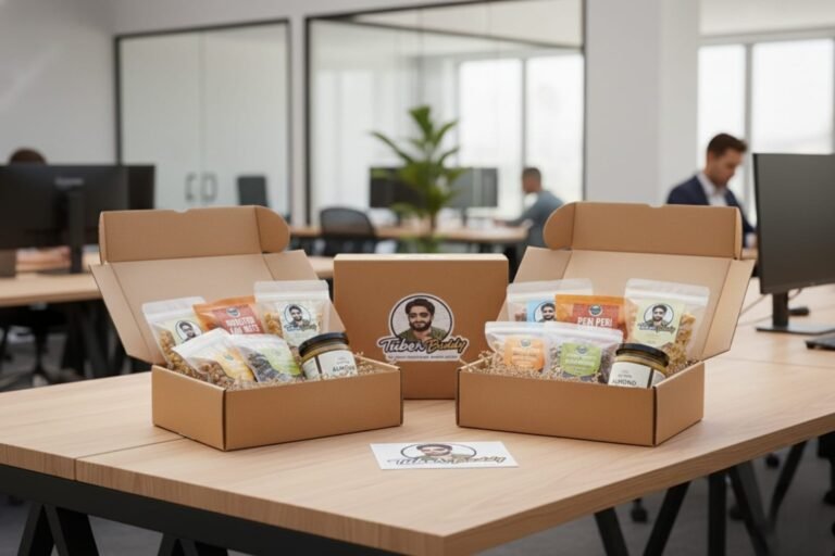 A vibrant and colorful outdoor market scene featuring open cardboard subscription boxes filled with healthy Indian snacks like cashews, dried mango, and seeds, all prominently displaying the Tuber Buddy logo.