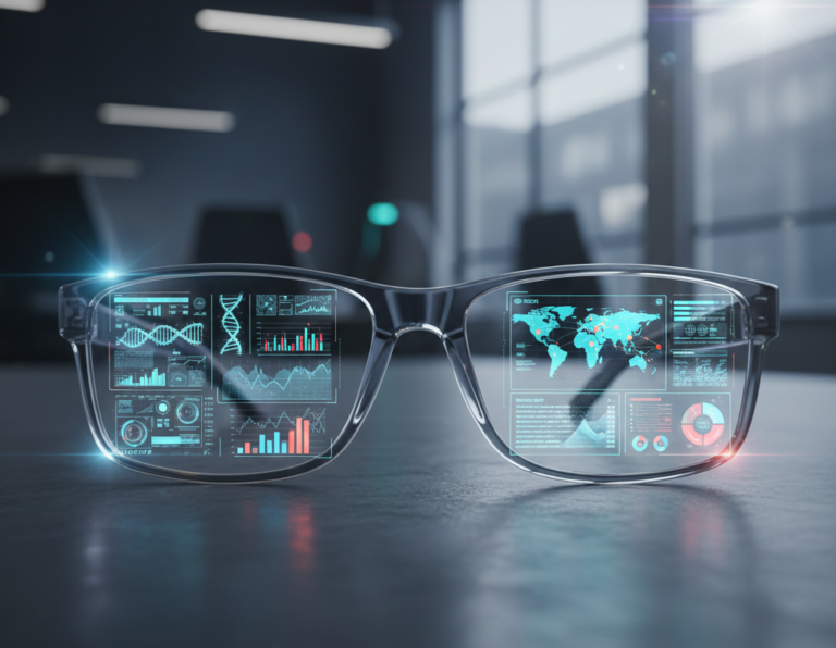 A high-tech, 3D illustration of sleek, futuristic smart glasses with transparent frames and visible internal circuitry