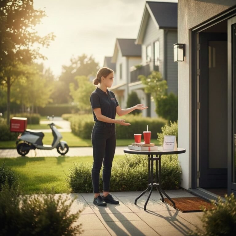 A professional illustration for Tuber Buddy showing a delivery person in a blue uniform placing a parcel at the doorstep of an Indian home with a vibrant blue wall, traditional marigold flower decorations, and a colorful rangoli, demonstrating safe contactless food delivery.