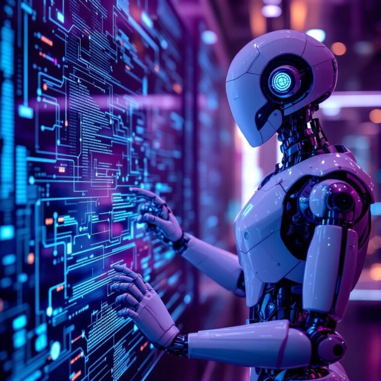 Futuristic humanoid AI driven robot interacting with a digital touchscreen interface