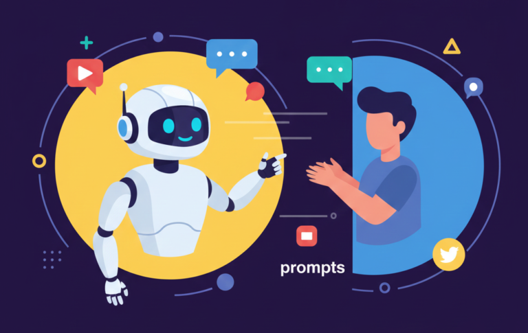 A side-view illustration of a person typing a message on their smartphone, with a glowing "Prompt" box floating above the screen as a vibrant AI-generated image begins to materialize in the air.