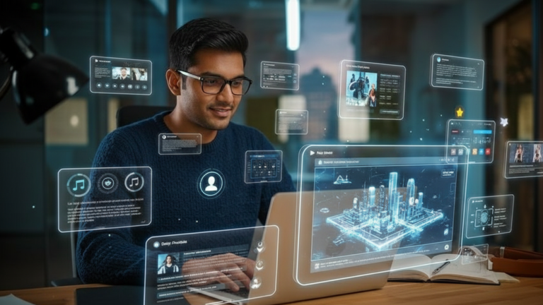 A high-fidelity, futuristic scene showing a person seated at a complex holographic command console, inputting precise prompts to direct a chrome humanoid robot.