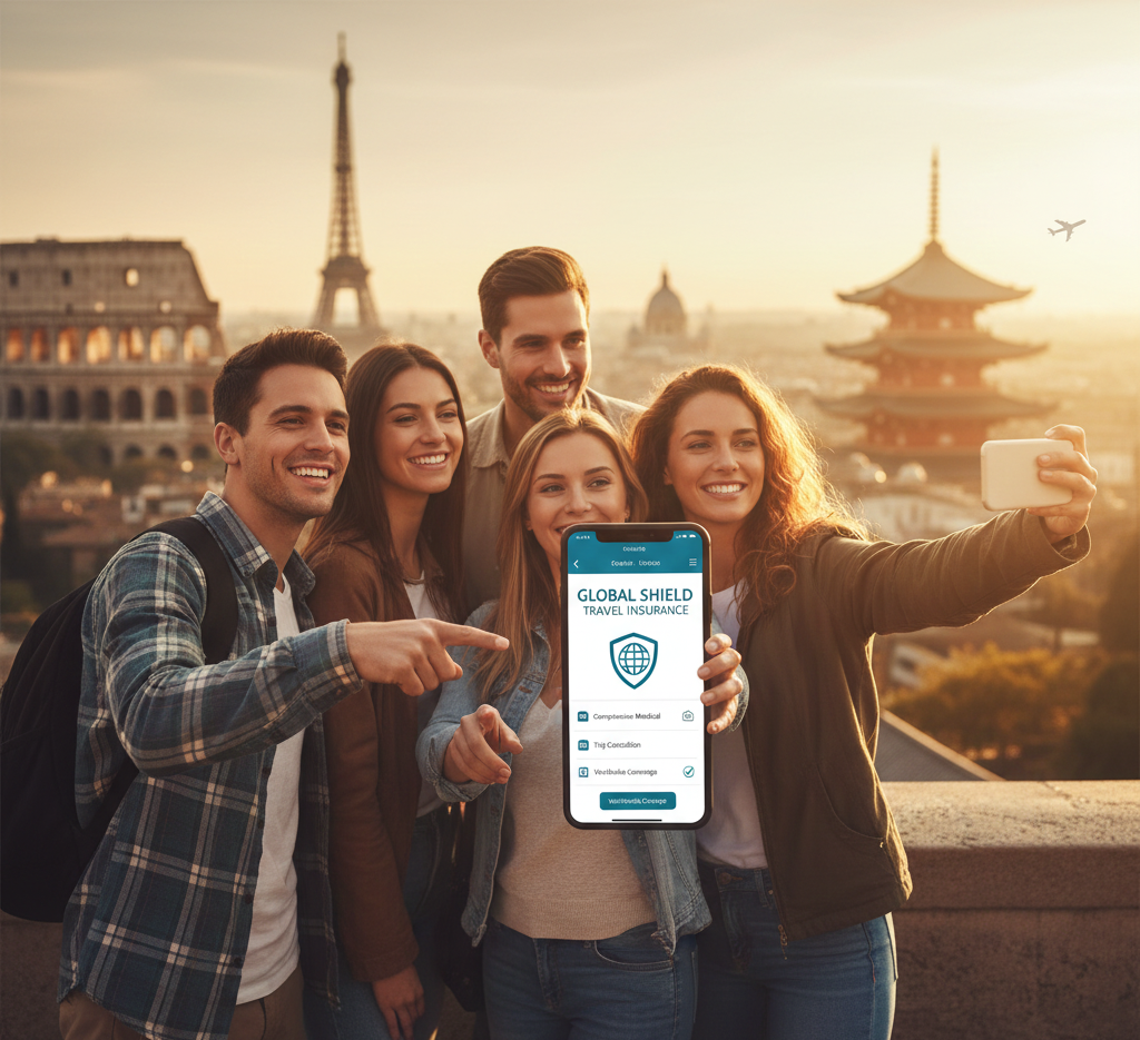 A top-down view showing an adult’s hands and a child’s hands safely cradling a small white model airplane over a colorful world map, symbolizing secure international travel insurance for family trips.