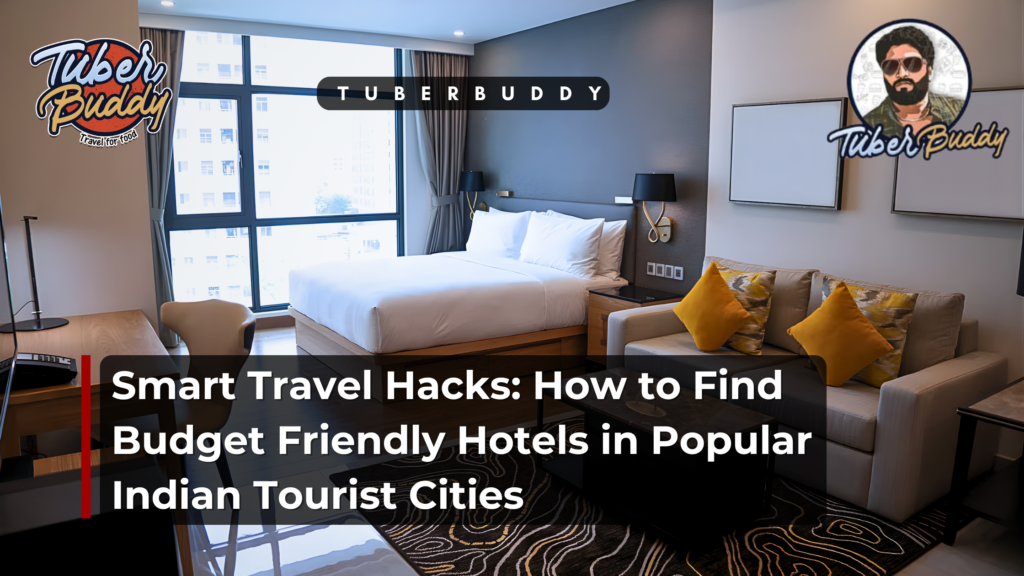 A group of travelers using a smartphone to find budget-friendly hotels in popular Indian tourist cities like Jaipur, Varanasi, and Rishikesh.
