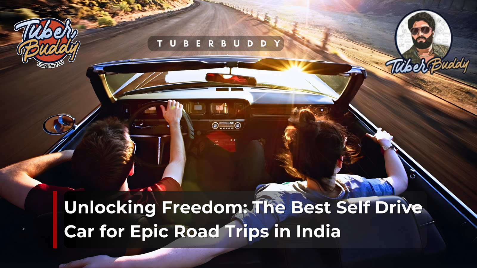 A couple enjoying a self drive car road trips in India, cruising on a scenic highway with open-top driving and sunset views.