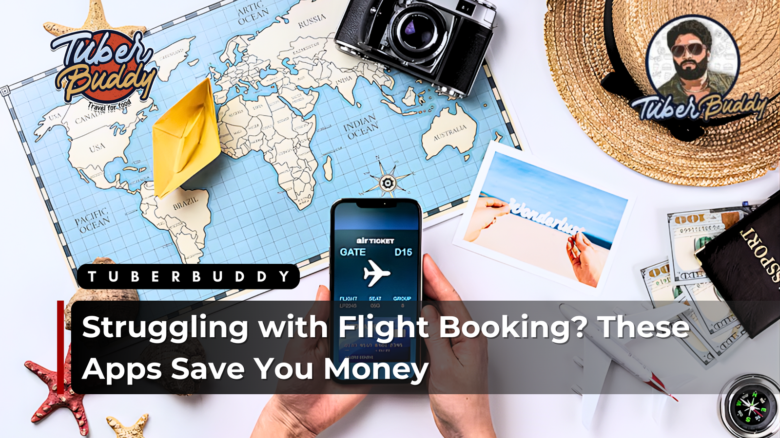 Flight booking apps displayed on a smartphone with a world map, camera, passport, and travel essentials