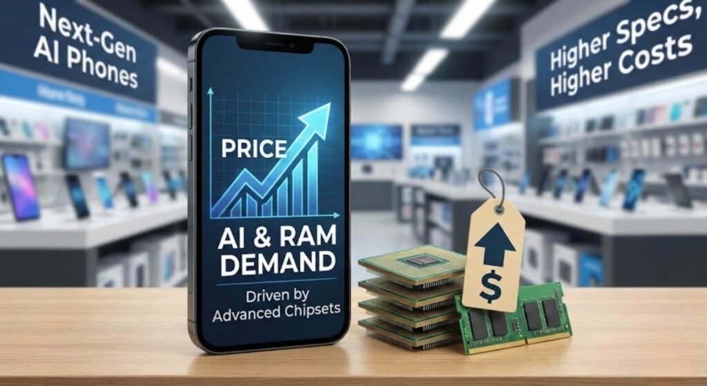 A smartphone displaying a rising price chart labeled “AI & RAM Demand” sits on a table beside stacked computer chips and RAM with a price tag, inside a modern electronics store.