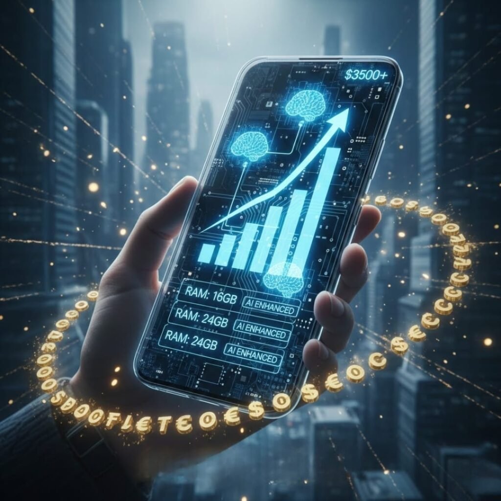 A hand holds a smartphone displaying AI brain icons, rising price graphs, and RAM specifications, with glowing currency symbols floating around in a futuristic city backdrop.