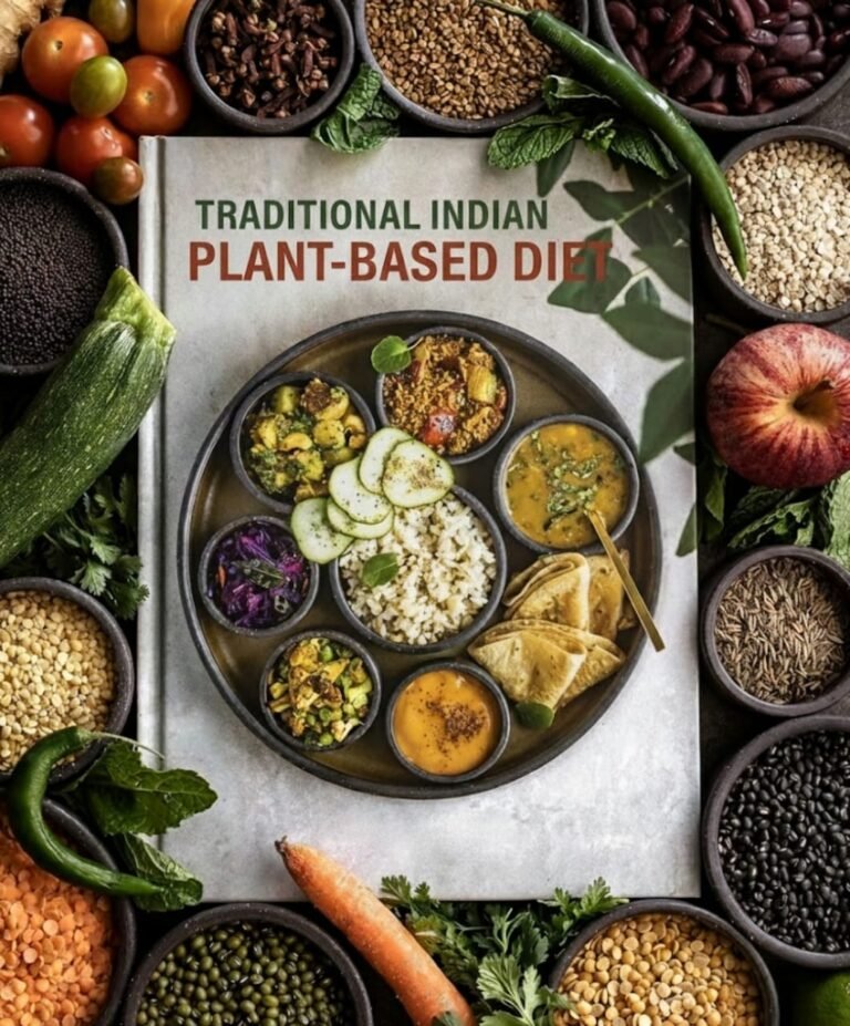 Traditional Indian plant based thali with rice, dal, vegetables, chapati, and assorted lentils surrounded by fresh produce and grains, indain plant based diet.