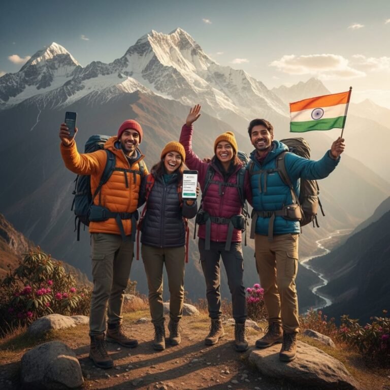 A group of trekkers celebrating an adventure travel experience in the Indian Himalayas with backpacks, smartphones, and the Indian flag.