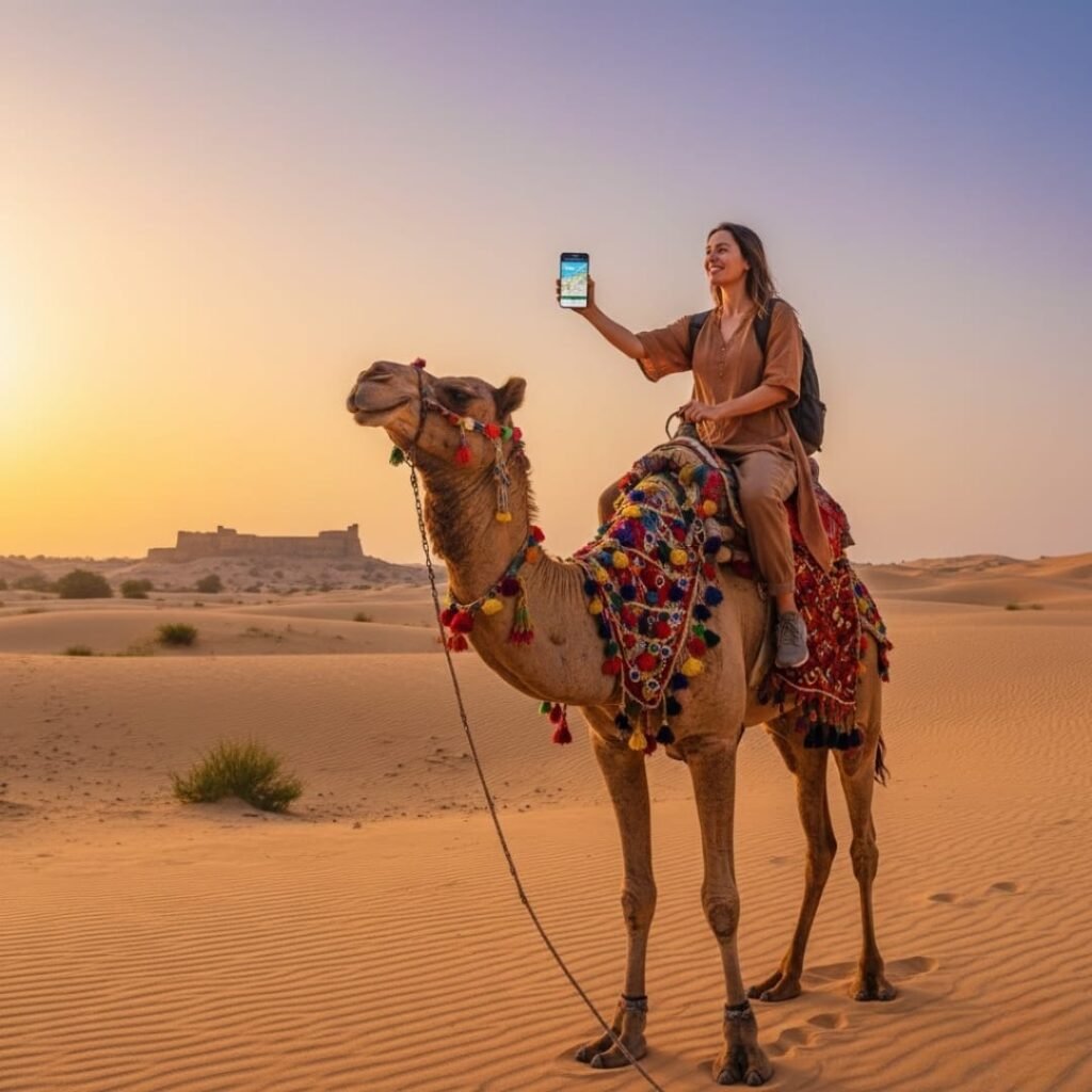 A traveler enjoying a camel safari in the Indian desert while capturing the moment on a smartphone at sunset.
