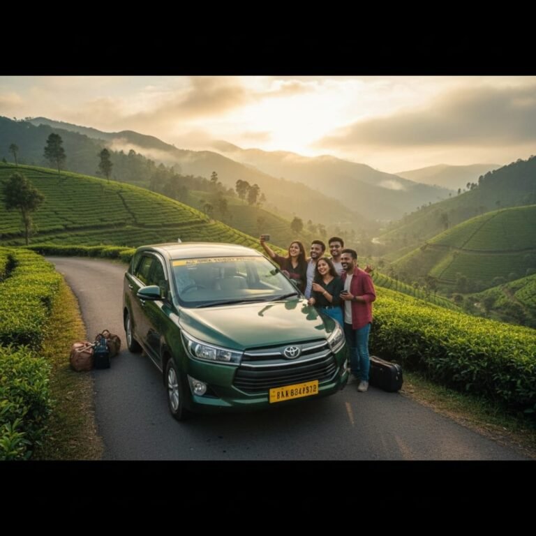 Friends enjoying a self drive car road trip through scenic tea plantations and hills in India