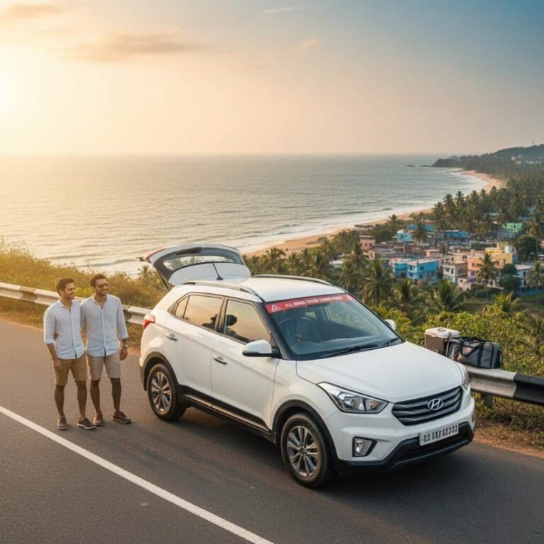 Friends enjoying a coastal self drive car road trip in India with scenic ocean views