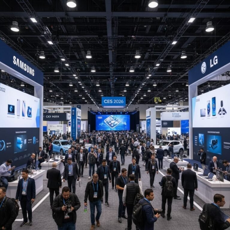 CES 2026 exhibition floor filled with global tech brands, showcasing AI, consumer electronics, and future technology innovations