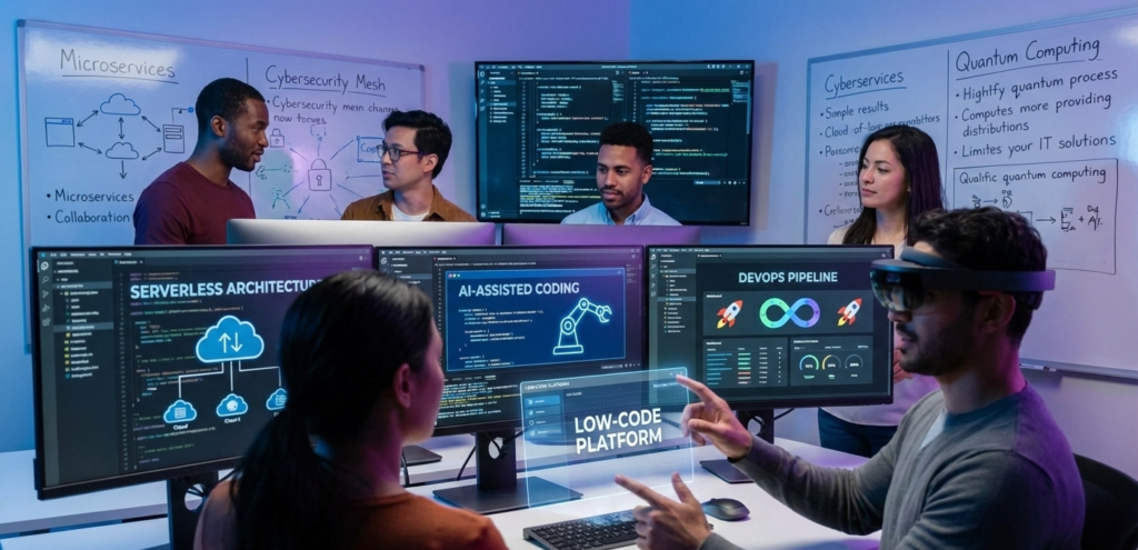 Team collaborating on advanced software development using AI-assisted coding, DevOps pipelines, and low-code platforms in a modern tech workspace.