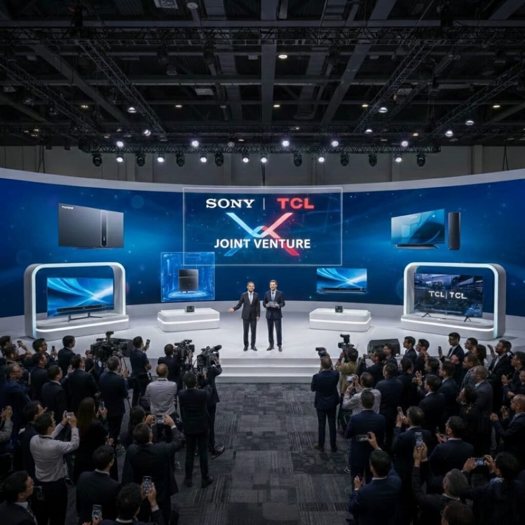 TCL and Sony joint venture announcement event showcasing executives unveiling a strategic partnership in the global TV and display industry