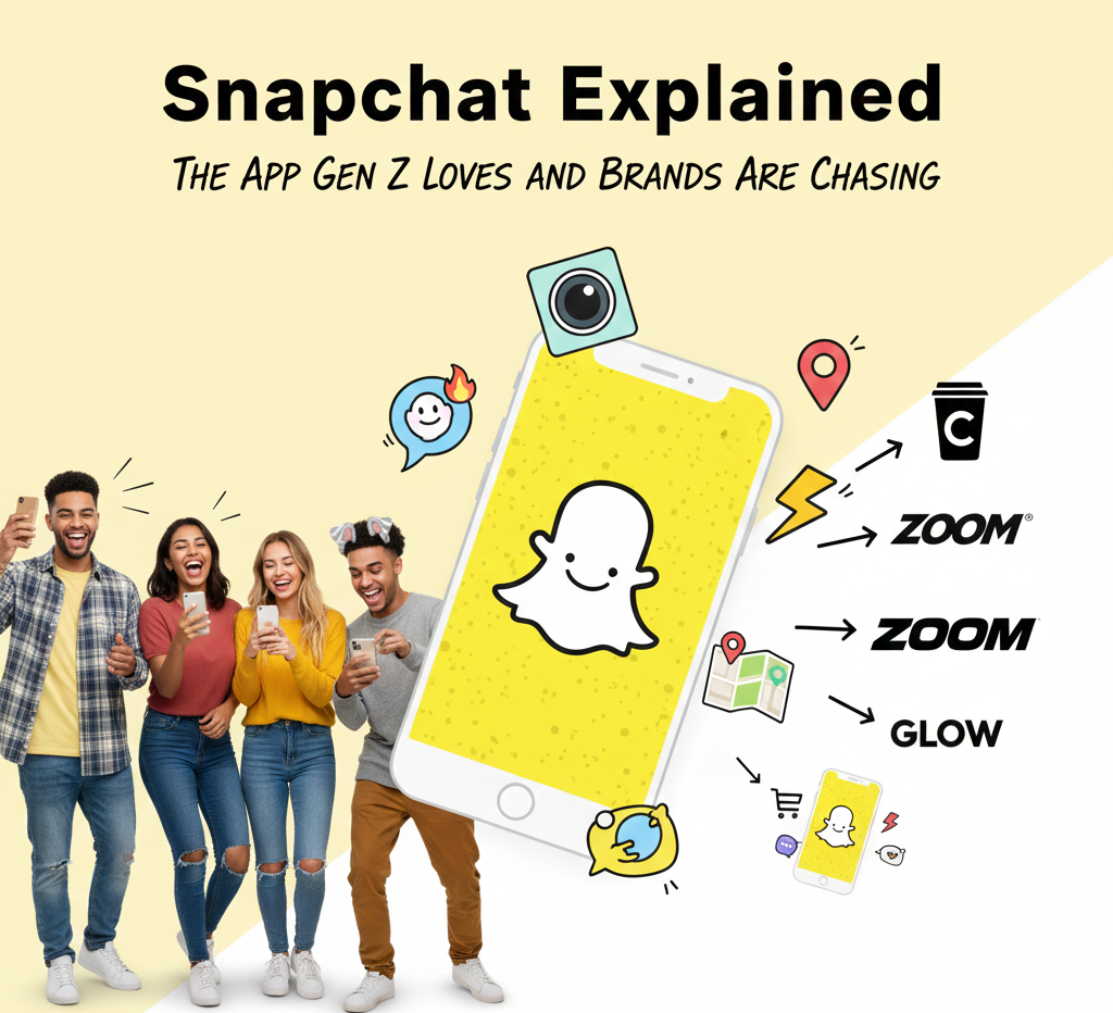 Snapchat explained illustration showing Gen Z users engaging with Snapchat features like stories, snaps, maps, and filters
