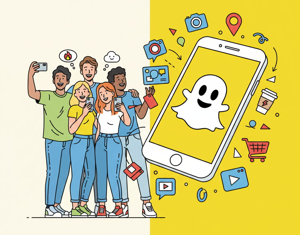 Snapchat illustration showing Gen Z users engaging with the Snapchat app through stories, snaps, and social interaction