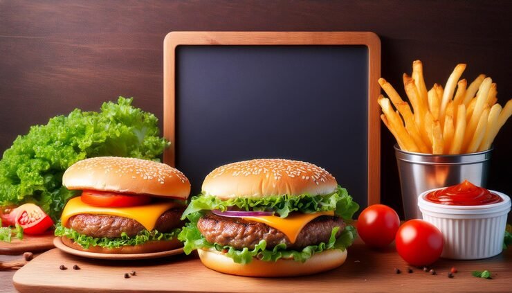 McDonald’s new menu showcasing fresh burgers, crispy fries, and classic condiments presented on a wooden serving board