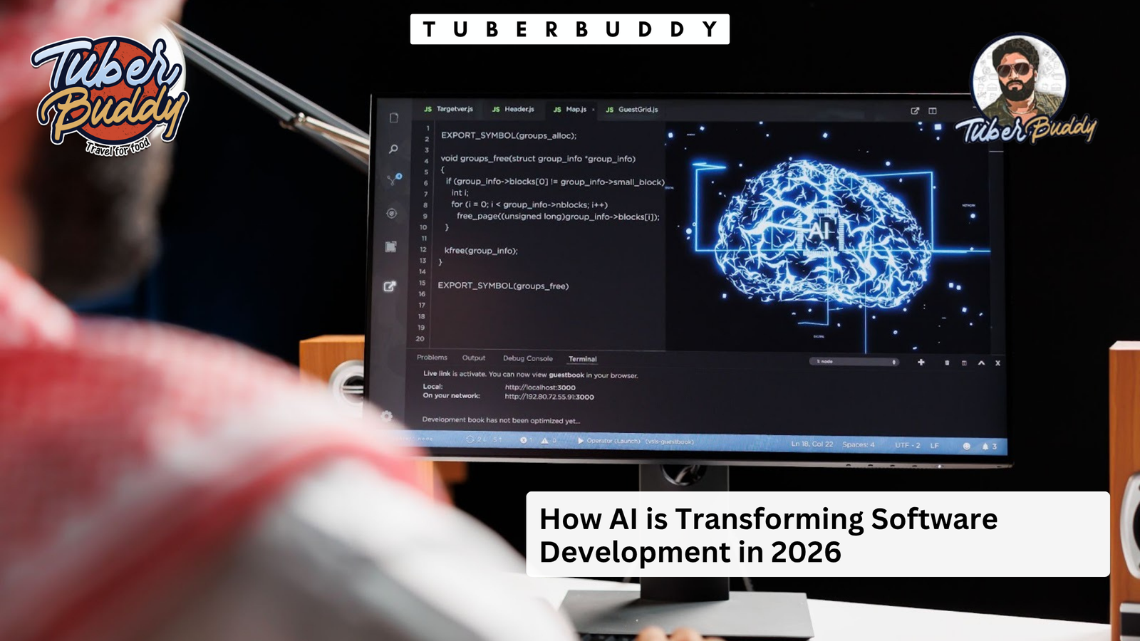 Developer working on a computer with AI brain visualization and code editor, representing AI software development and automation in programming