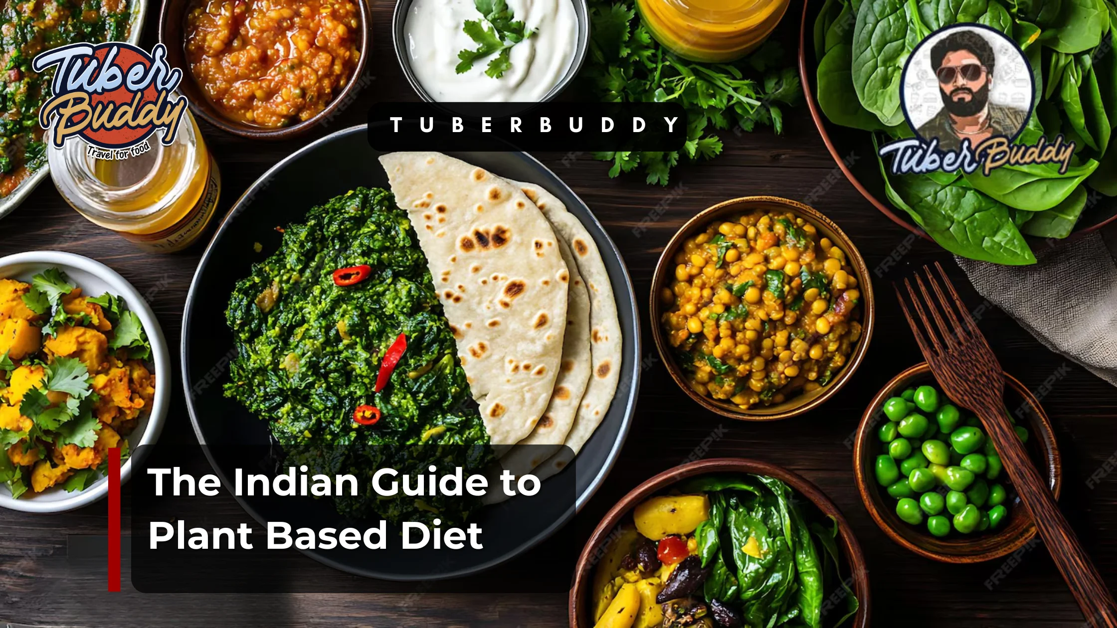 Traditional Indian plant-based meal with roti, spinach curry, lentil dishes, vegetables, and fresh greens served in bowls on a wooden table.